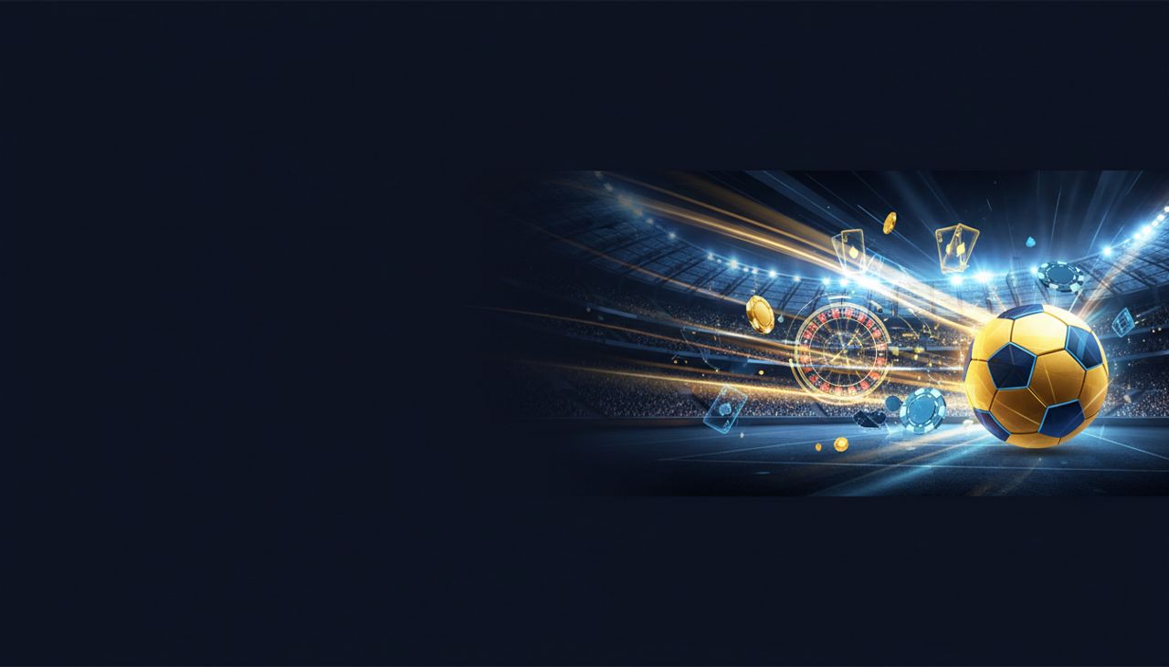 Banner mobile scuro in stile casinò online con stadio illuminato, fiches, carte e roulette stilizzate sul lato destro, atmosfera premium e area libera a sinistra per il testo.